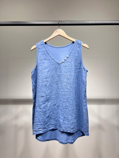 Débardeur Col V à Boutons Bi-Matière 50% Lin 50% Coton