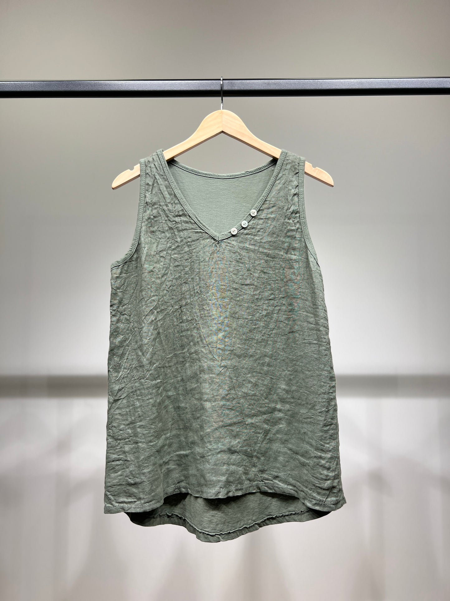 Débardeur Col V à Boutons Bi-Matière 50% Lin 50% Coton