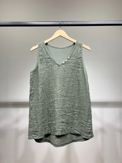 Débardeur Col V à Boutons Bi-Matière 50% Lin 50% Coton