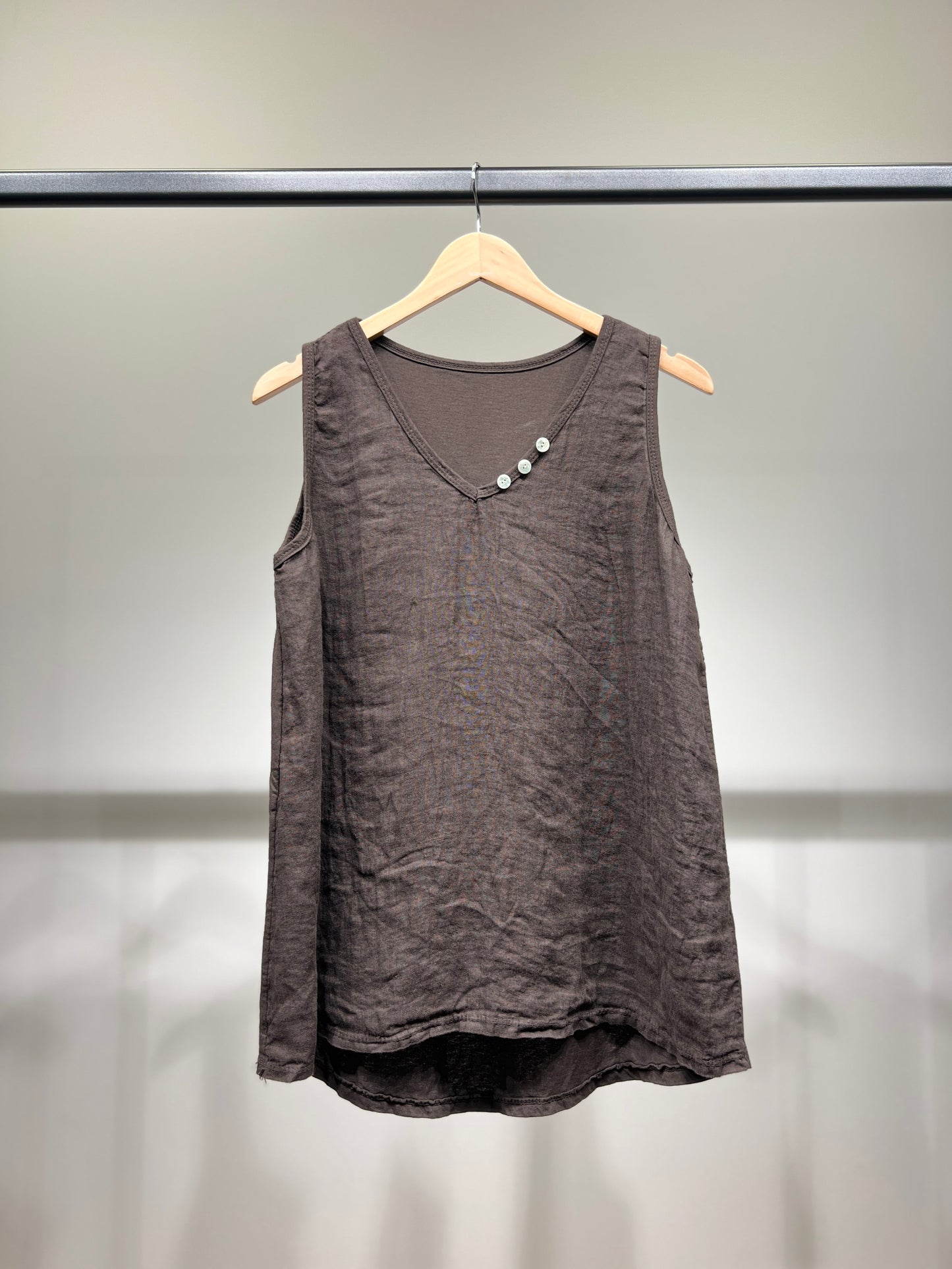 Débardeur Col V à Boutons Bi-Matière 50% Lin 50% Coton