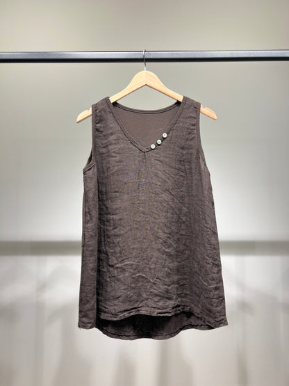 Débardeur Col V à Boutons Bi-Matière 50% Lin 50% Coton