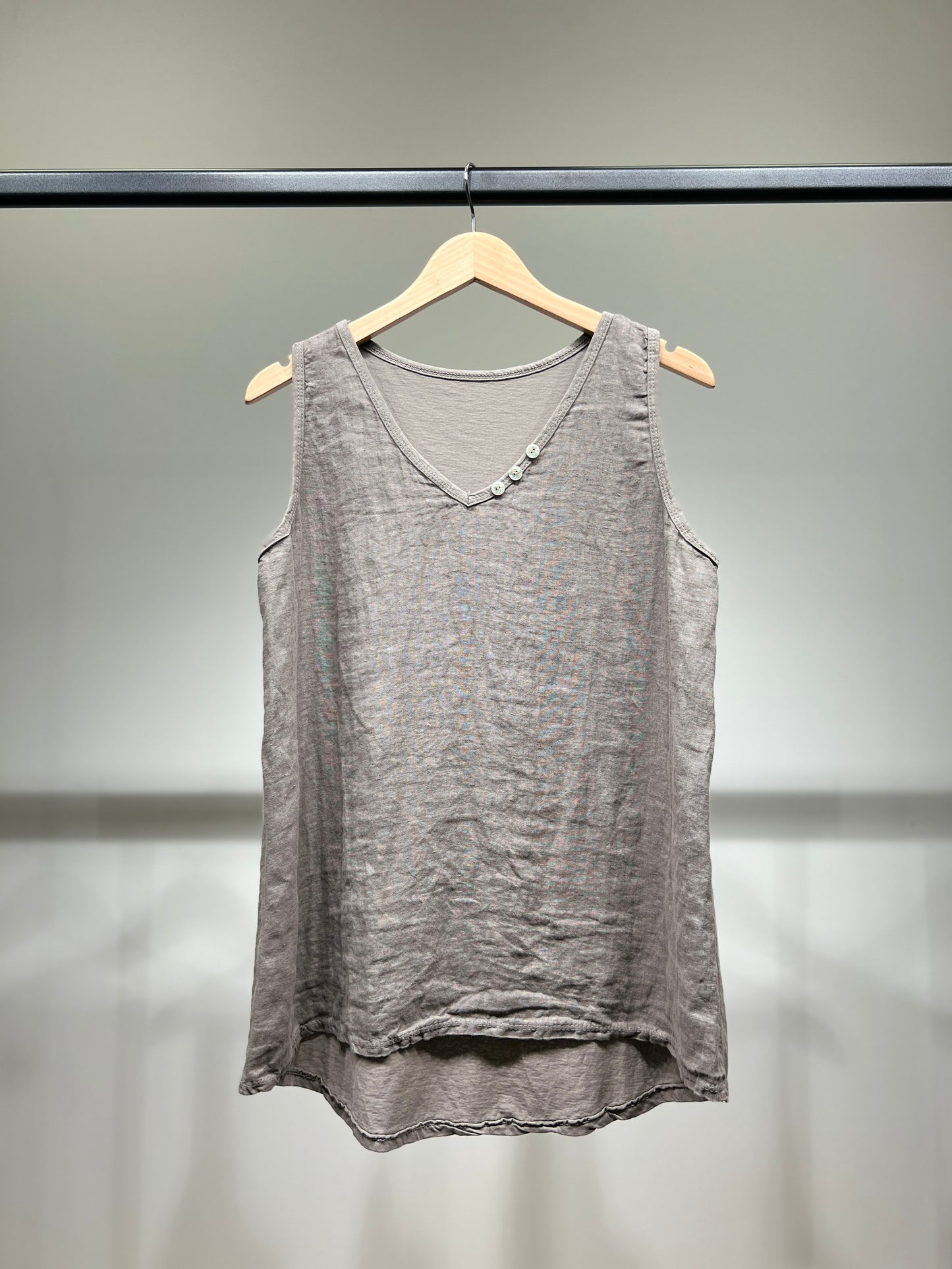 Débardeur Col V à Boutons Bi-Matière 50% Lin 50% Coton