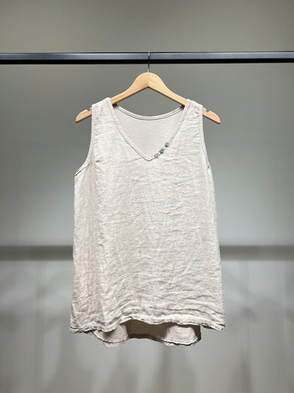 Débardeur Col V à Boutons Bi-Matière 50% Lin 50% Coton
