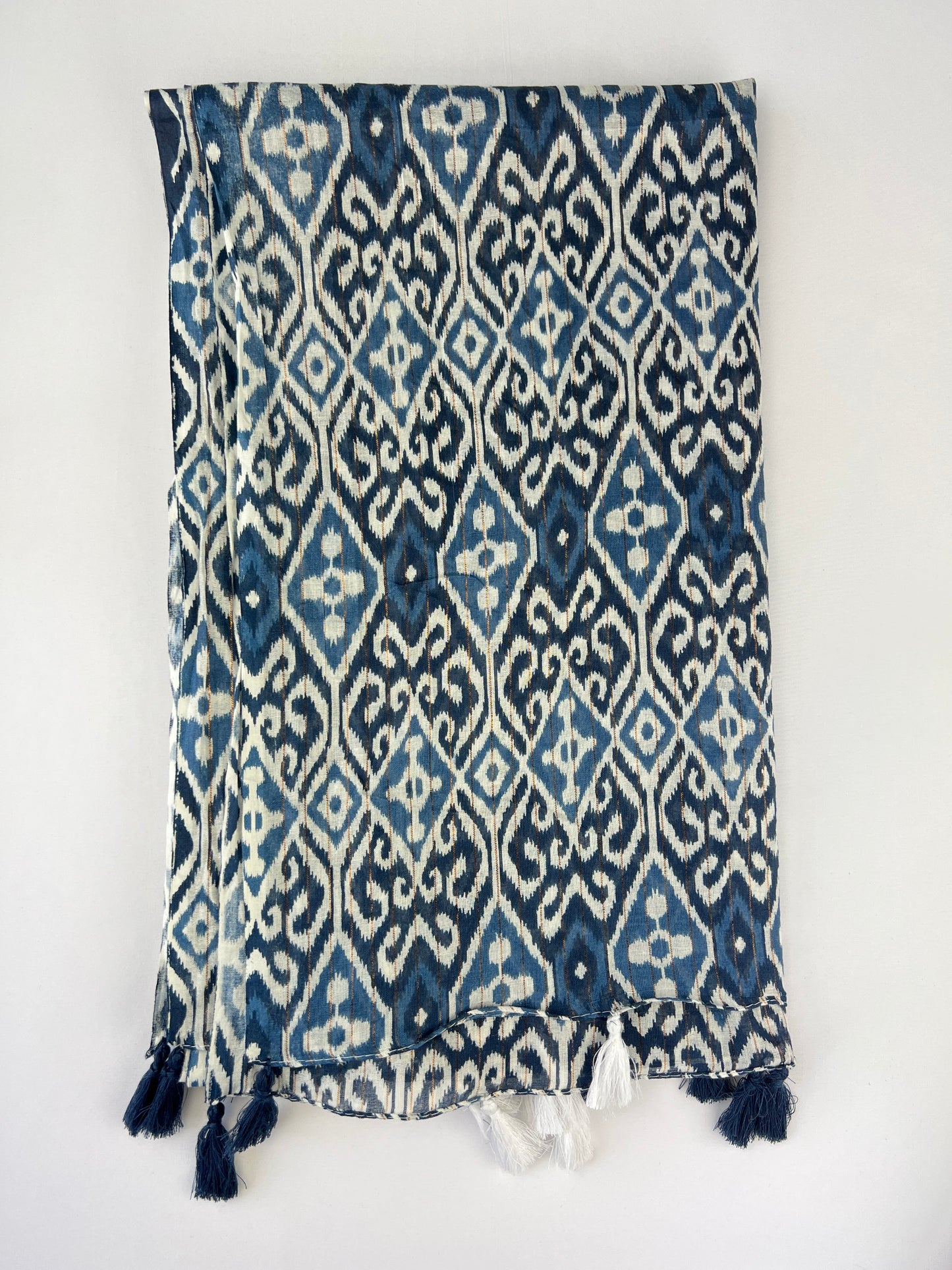 Foulard Motifs Ikat à Pampilles 100% Coton