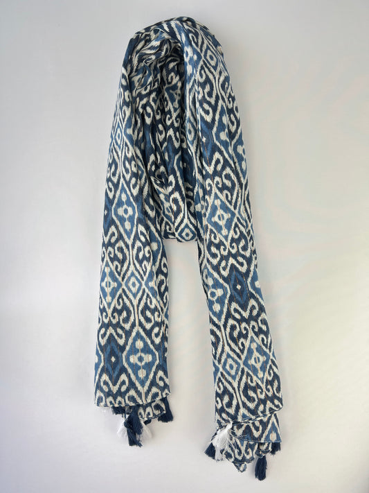 Foulard Motifs Ikat à Pampilles 100% Coton