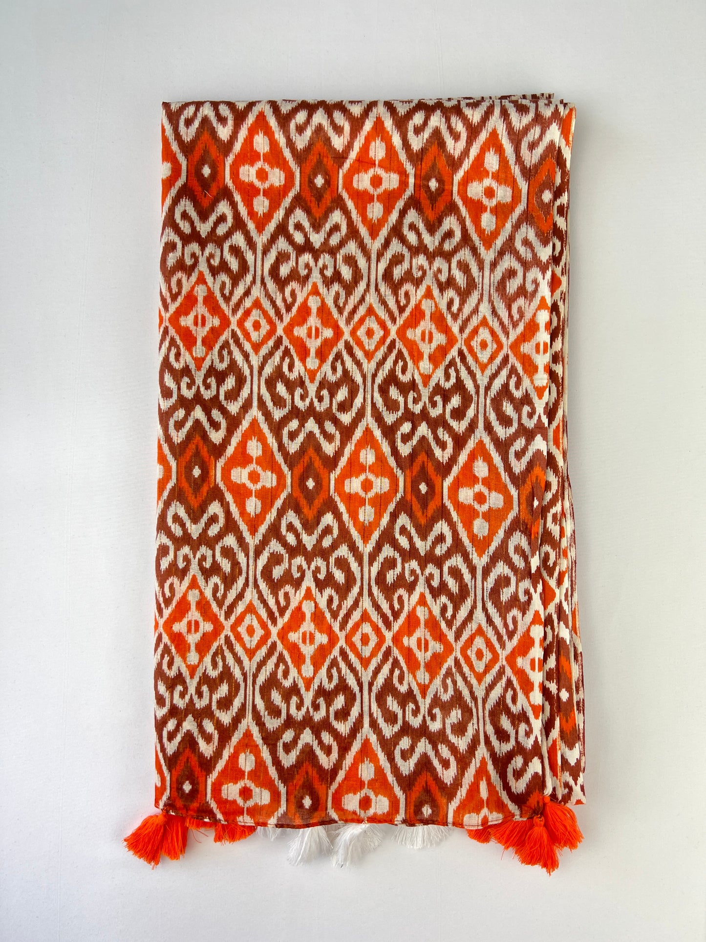 Foulard Motifs Ikat à Pampilles 100% Coton