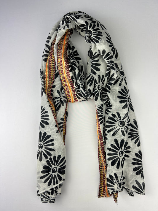 Foulard Motif Floral Et Bords Décorés 100% Coton 90X180cm