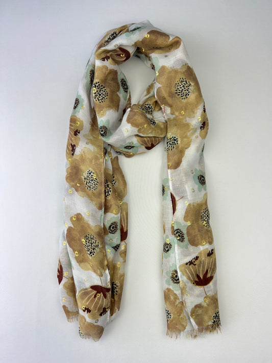 Foulards Motif Fleuri à Taches Dorées Effet Effiloché Taille 180x90