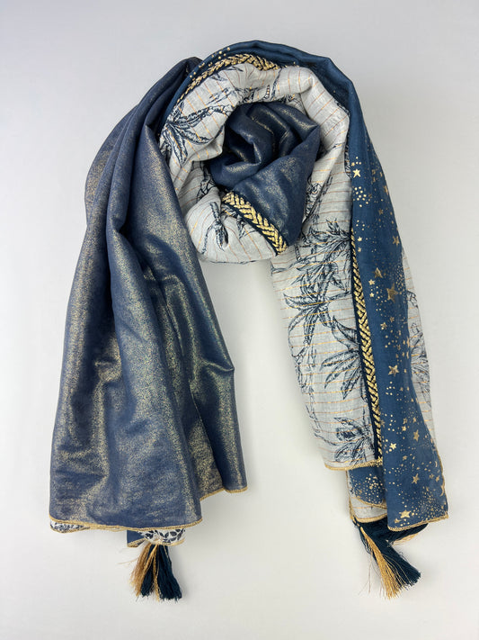 Foulard Carré 4 Motifs Floral Étoiles Détails Doré Pampille