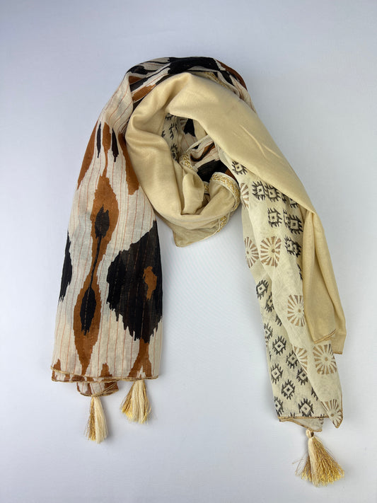 Foulard Carré 4 Motifs Ikat Aztèque Détails Dorés 75% Coton