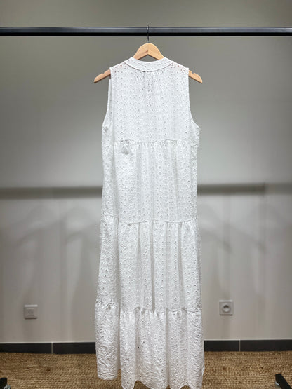 Robe Boutonnée Brodé Ajouré Motif Fleuri 100% Coton