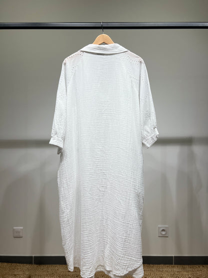 Robe Col Chemise Manche 3/4 Gaze Brodée Ajourée 100% Coton