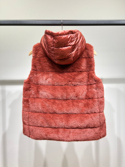 Gilet Fausse Fourrure à Capuche Doudoune Ajustable