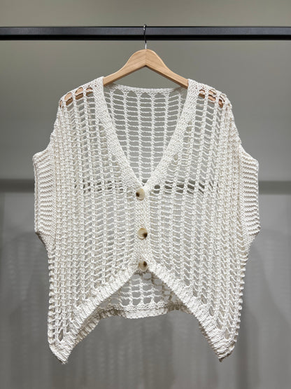 Gilet Sans Manche En Maille Ajouré Boutonné 65% Coton