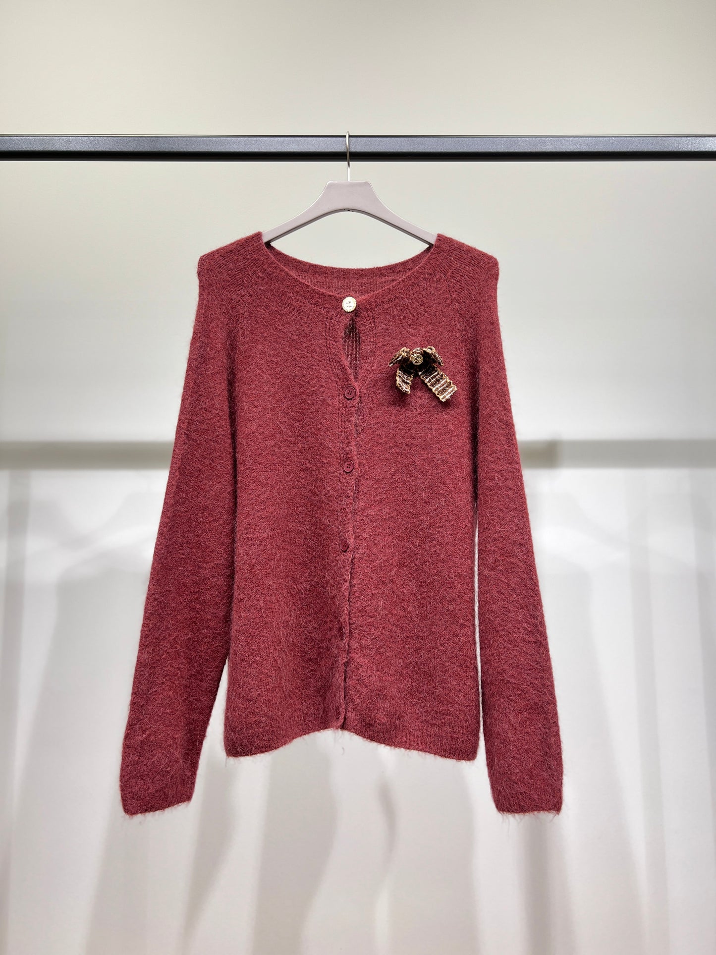 Pull Cardigan Maille Fine Pin Nœud 27% Alpaca