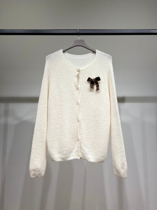 Pull Cardigan Maille Fine Pin Nœud 27% Alpaca