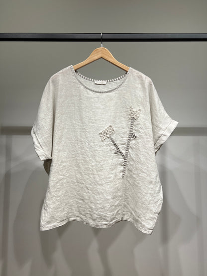 T-Shirt Manche Courte Col Rond à Décoration Florale 100% Lin