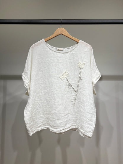 T-Shirt Manche Courte Col Rond à Décoration Florale 100% Lin
