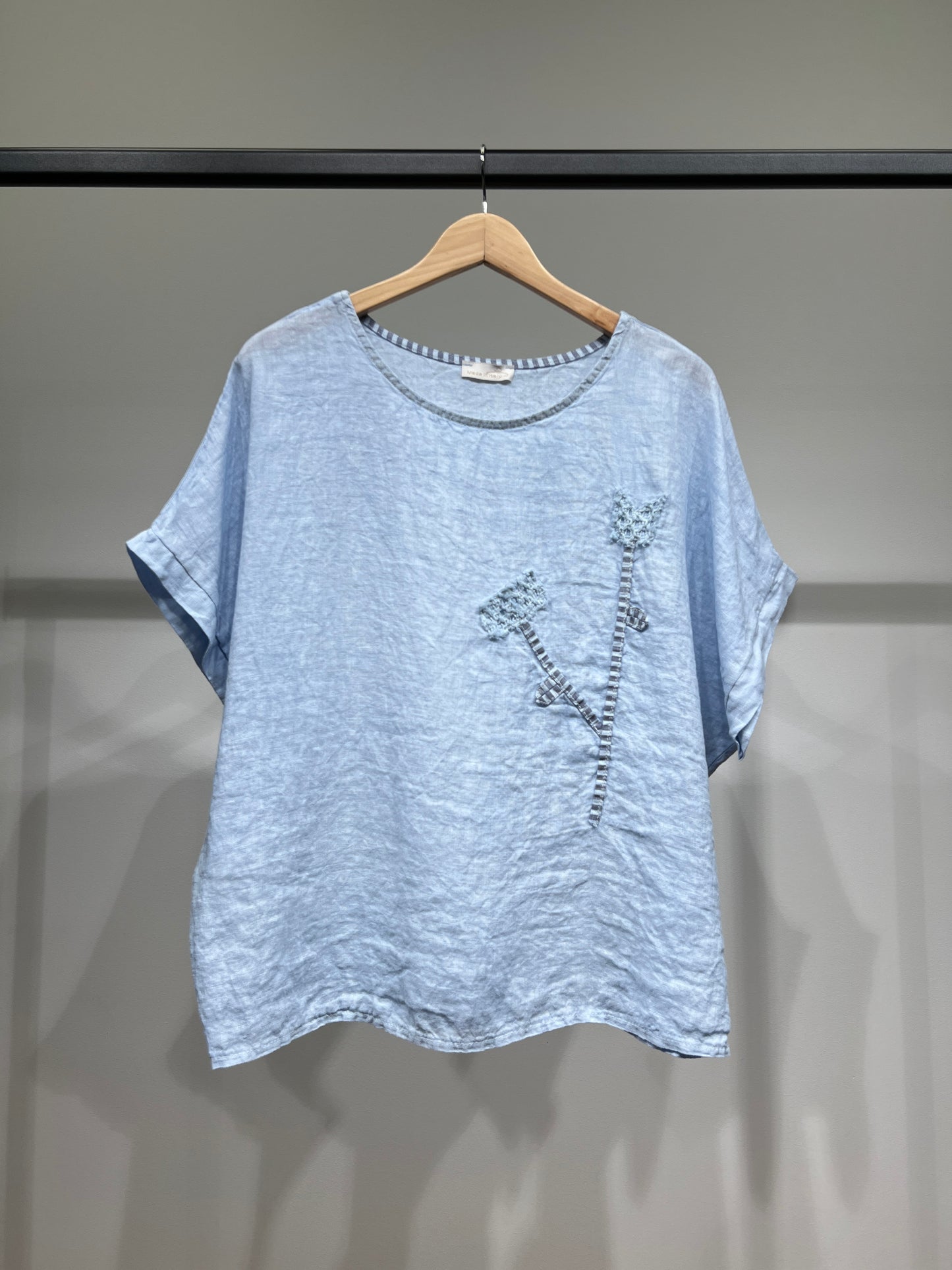 T-Shirt Manche Courte Col Rond à Décoration Florale 100% Lin