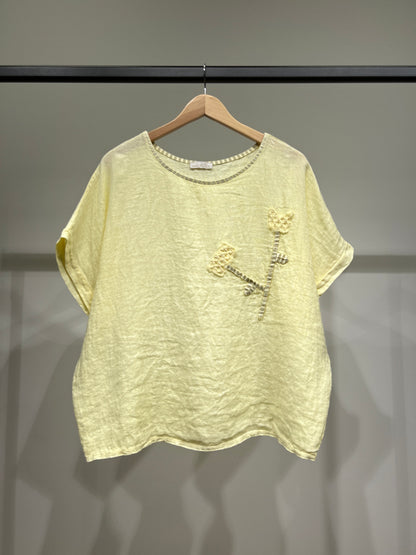 T-Shirt Manche Courte Col Rond à Décoration Florale 100% Lin