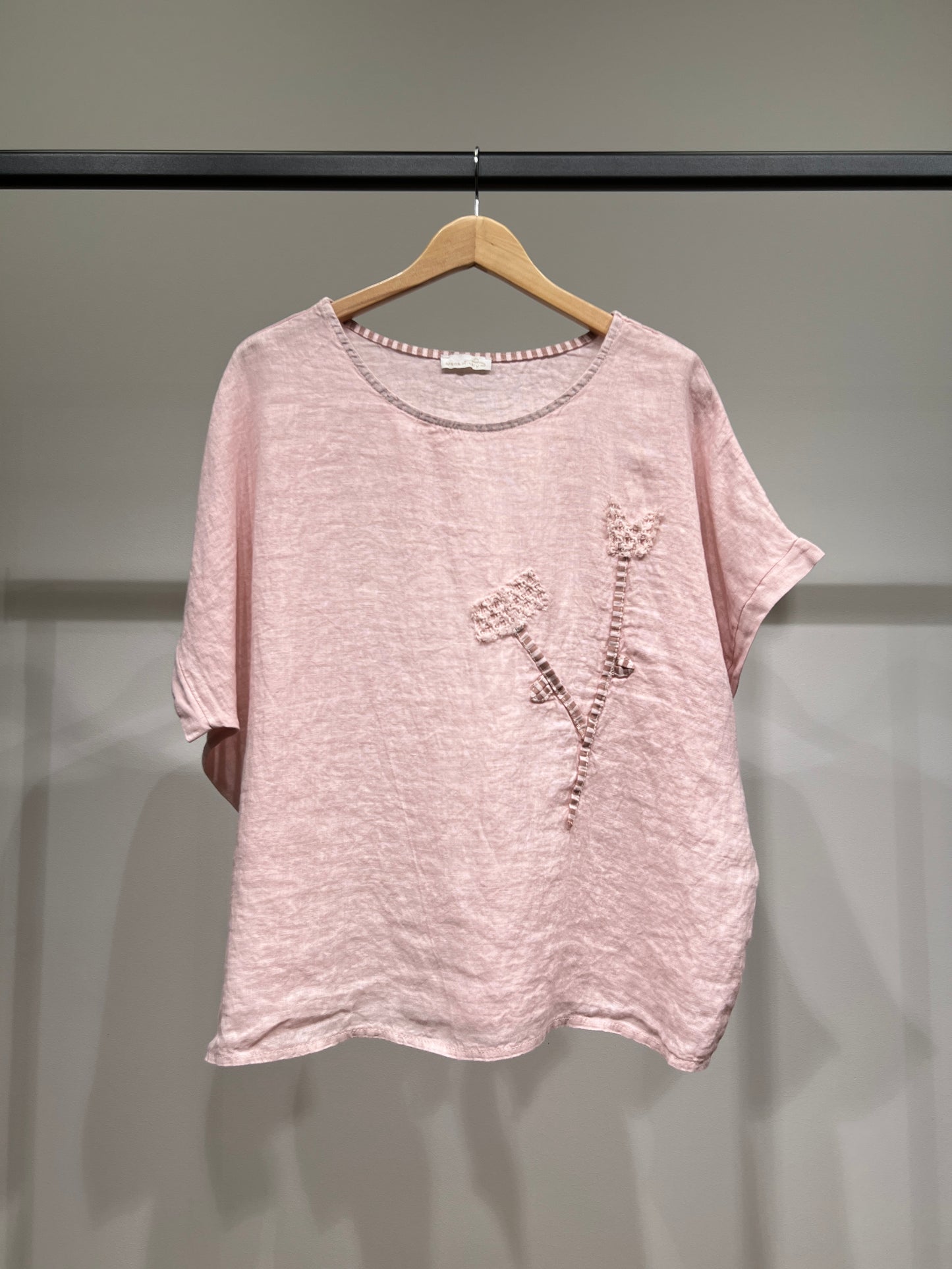 T-Shirt Manche Courte Col Rond à Décoration Florale 100% Lin