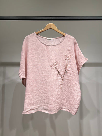 T-Shirt Manche Courte Col Rond à Décoration Florale 100% Lin