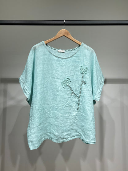 T-Shirt Manche Courte Col Rond à Décoration Florale 100% Lin