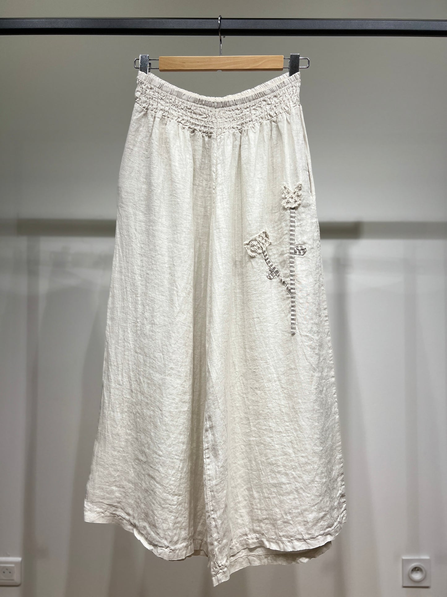 Pantalon Large Taille Élastique à Fleur Décorative 100% Lin