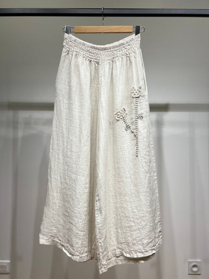 Pantalon Large Taille Élastique à Fleur Décorative 100% Lin