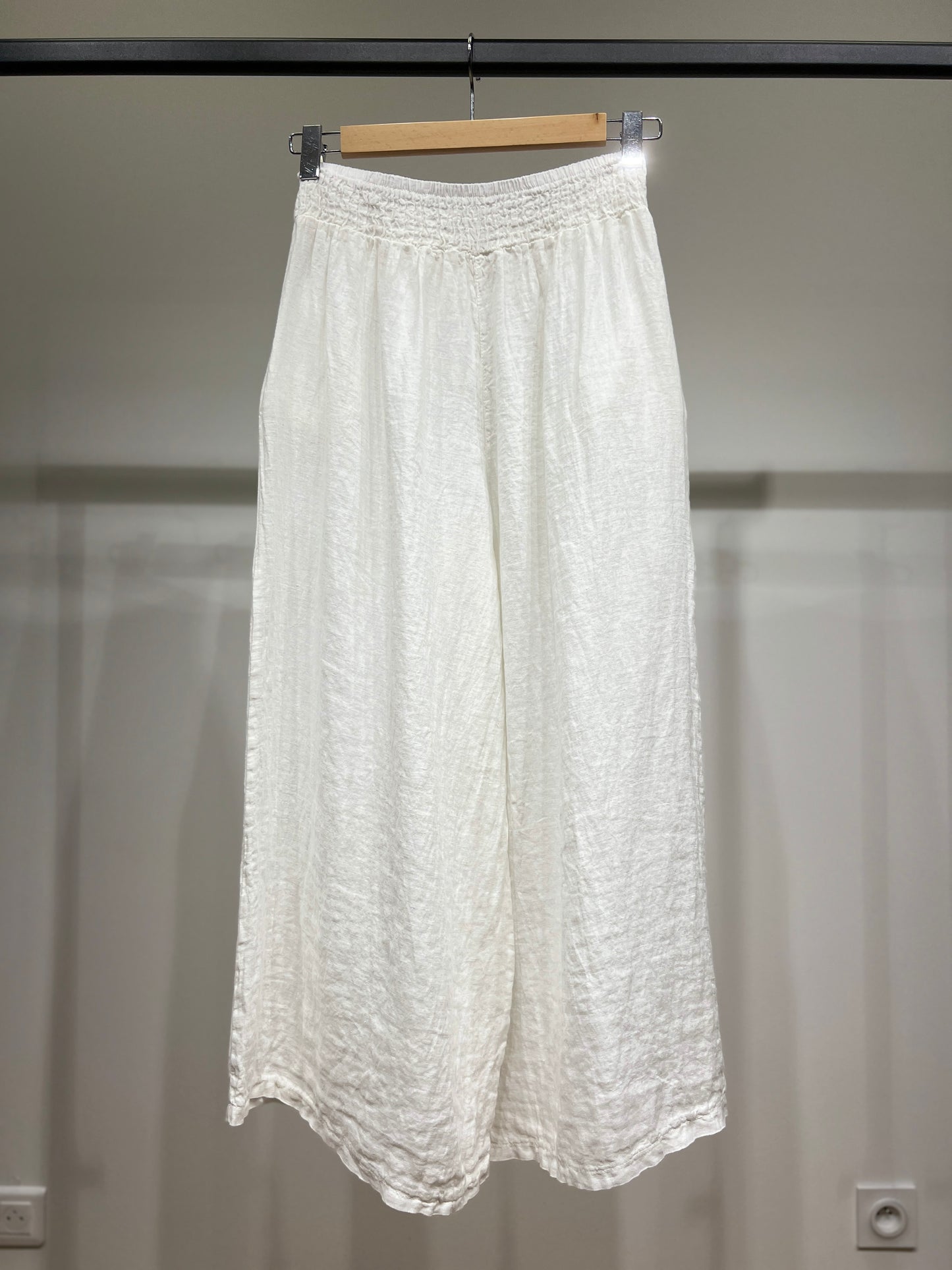 Pantalon Large Taille Élastique à Fleur Décorative 100% Lin
