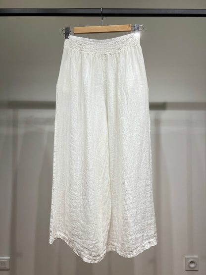 Pantalon Large Taille Élastique à Fleur Décorative 100% Lin