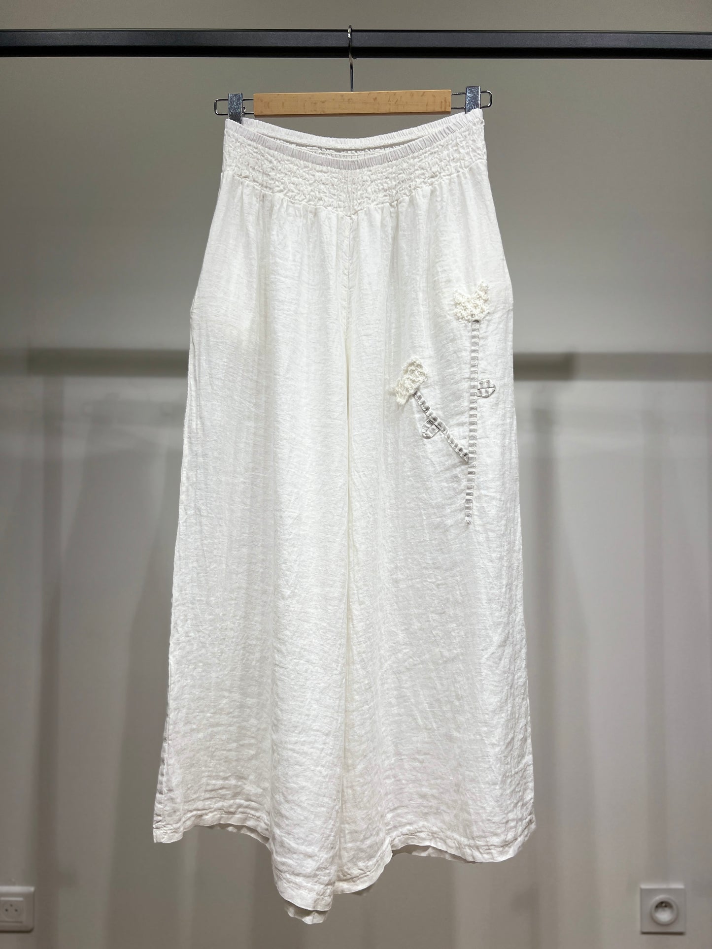 Pantalon Large Taille Élastique à Fleur Décorative 100% Lin