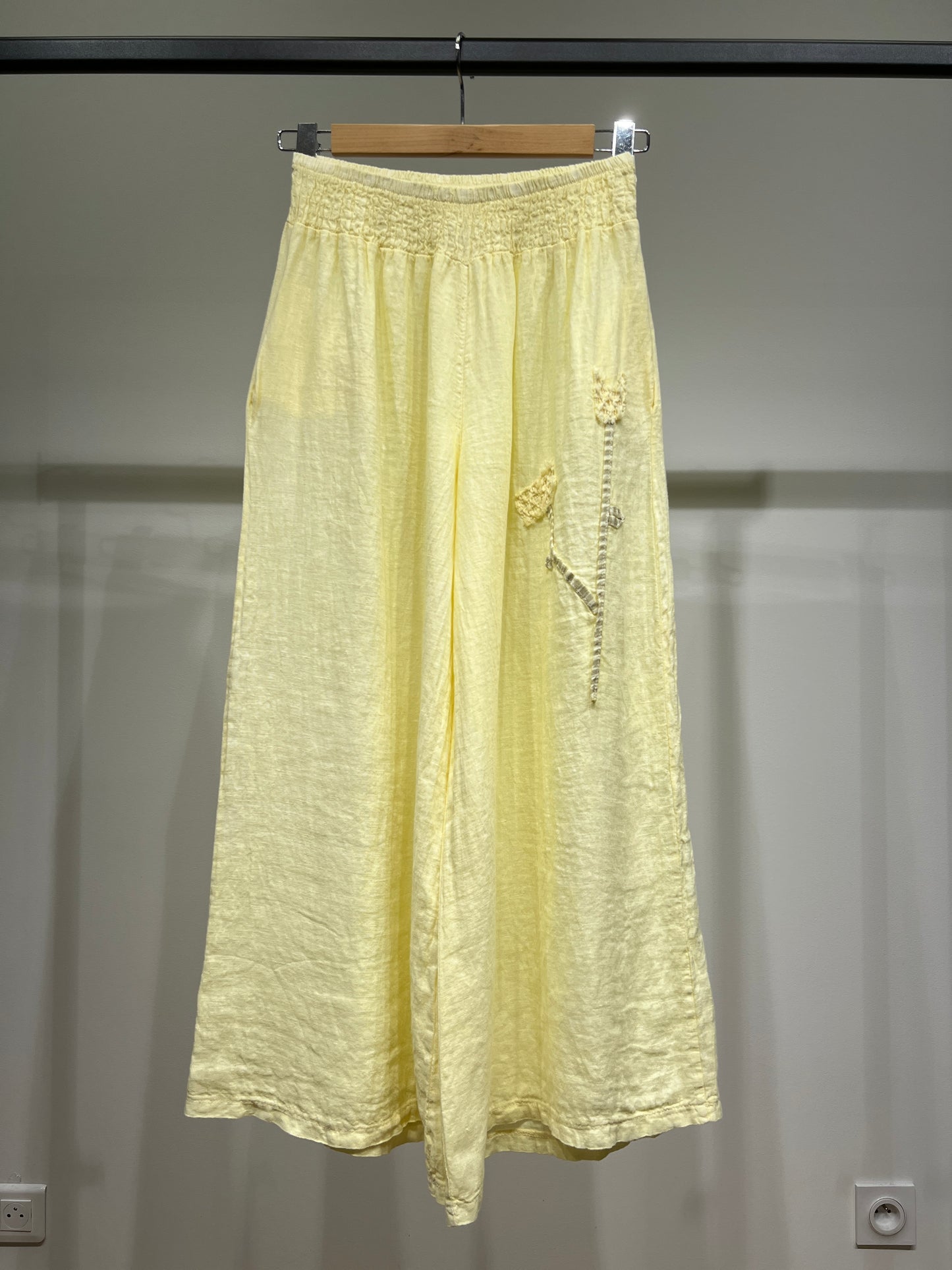 Pantalon Large Taille Élastique à Fleur Décorative 100% Lin