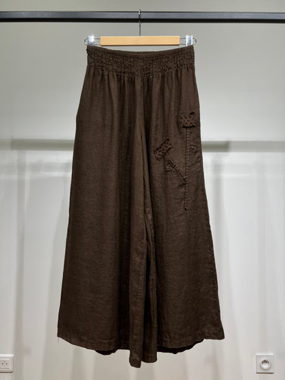 Pantalon Large Taille Élastique à Fleur Décorative 100% Lin