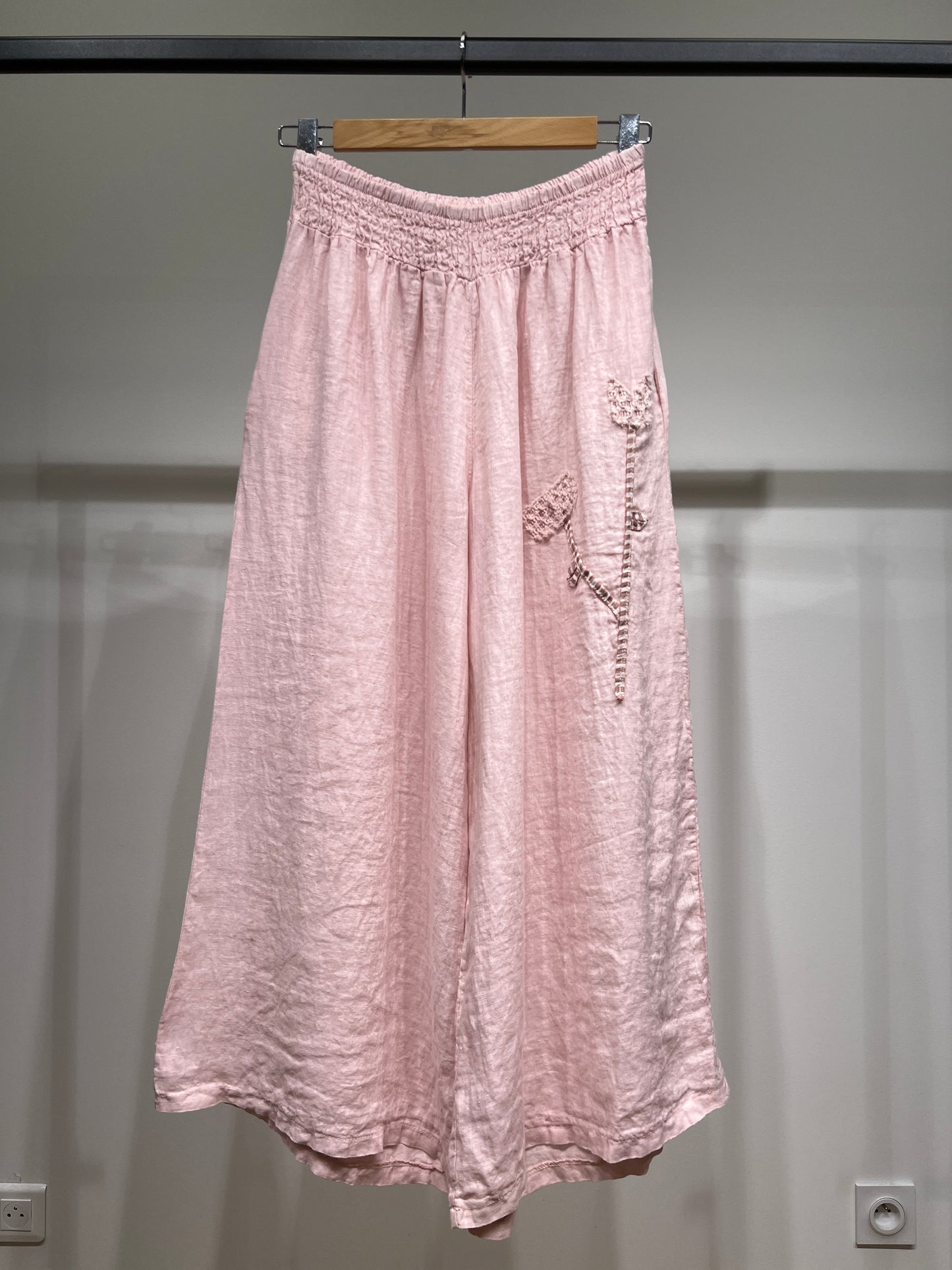 Pantalon Large Taille Élastique à Fleur Décorative 100% Lin