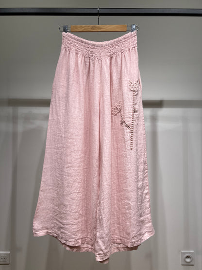 Pantalon Large Taille Élastique à Fleur Décorative 100% Lin