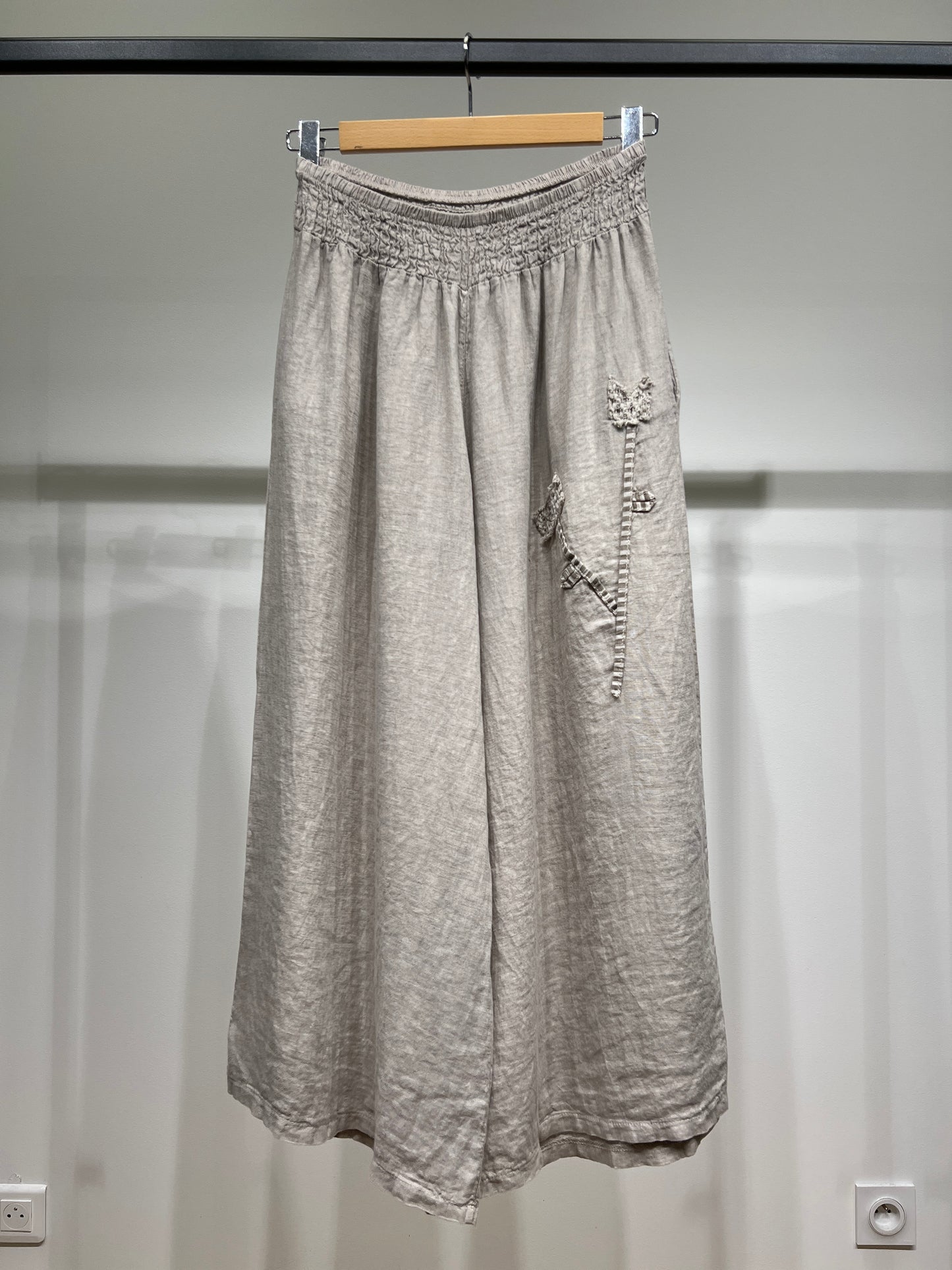 Pantalon Large Taille Élastique à Fleur Décorative 100% Lin