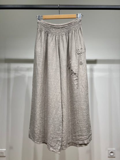 Pantalon Large Taille Élastique à Fleur Décorative 100% Lin