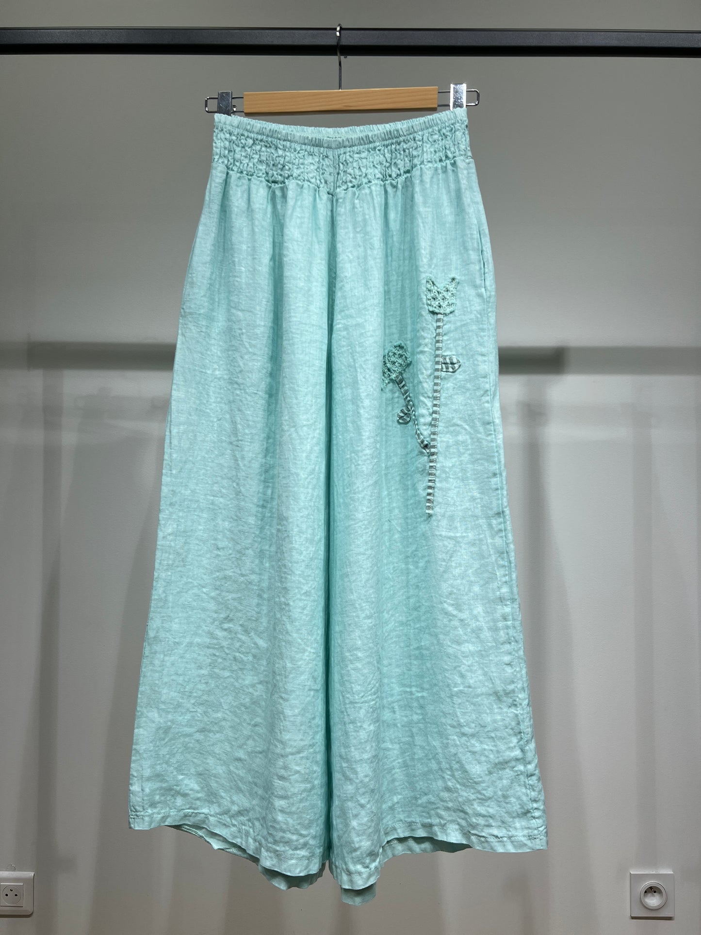 Pantalon Large Taille Élastique à Fleur Décorative 100% Lin