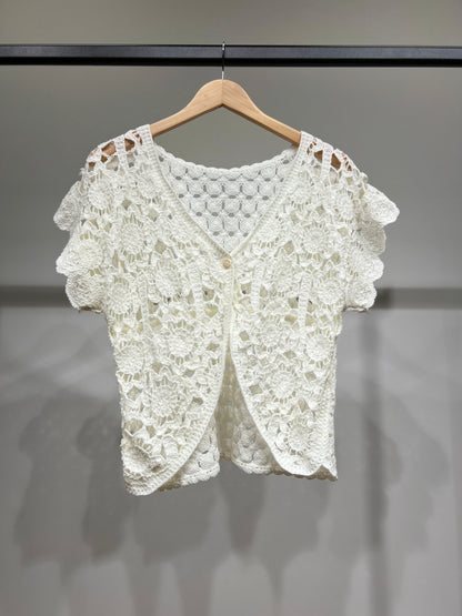 Gilet Court Manche Courte Col V Maille Ajouré Motif Floral