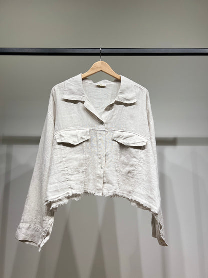 Chemise Cropped Effiloché à Poches Poitrines 100% Lin