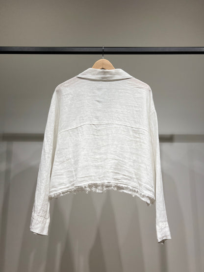 Chemise Cropped Effiloché à Poches Poitrines 100% Lin
