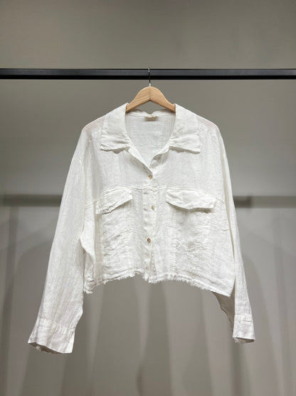 Chemise Cropped Effiloché à Poches Poitrines 100% Lin