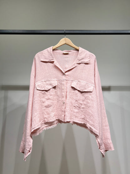 Chemise Cropped Effiloché à Poches Poitrines 100% Lin