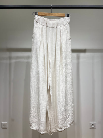 Pantalon Large Taille Élastique à Poches Gaze De Coton 85% Tencel