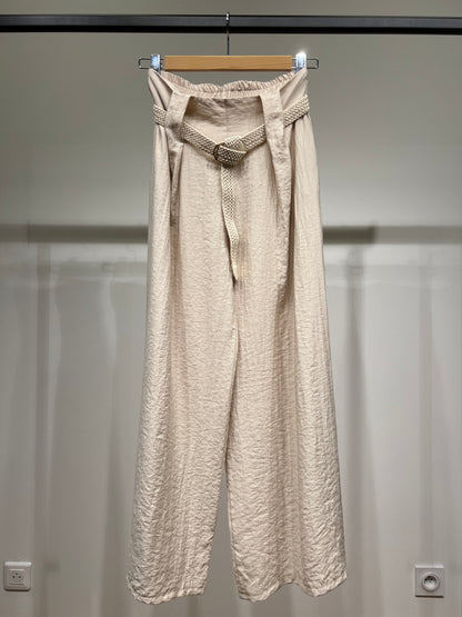 Pantalon Large Plissé à Ceinture Tressée 100% Viscose