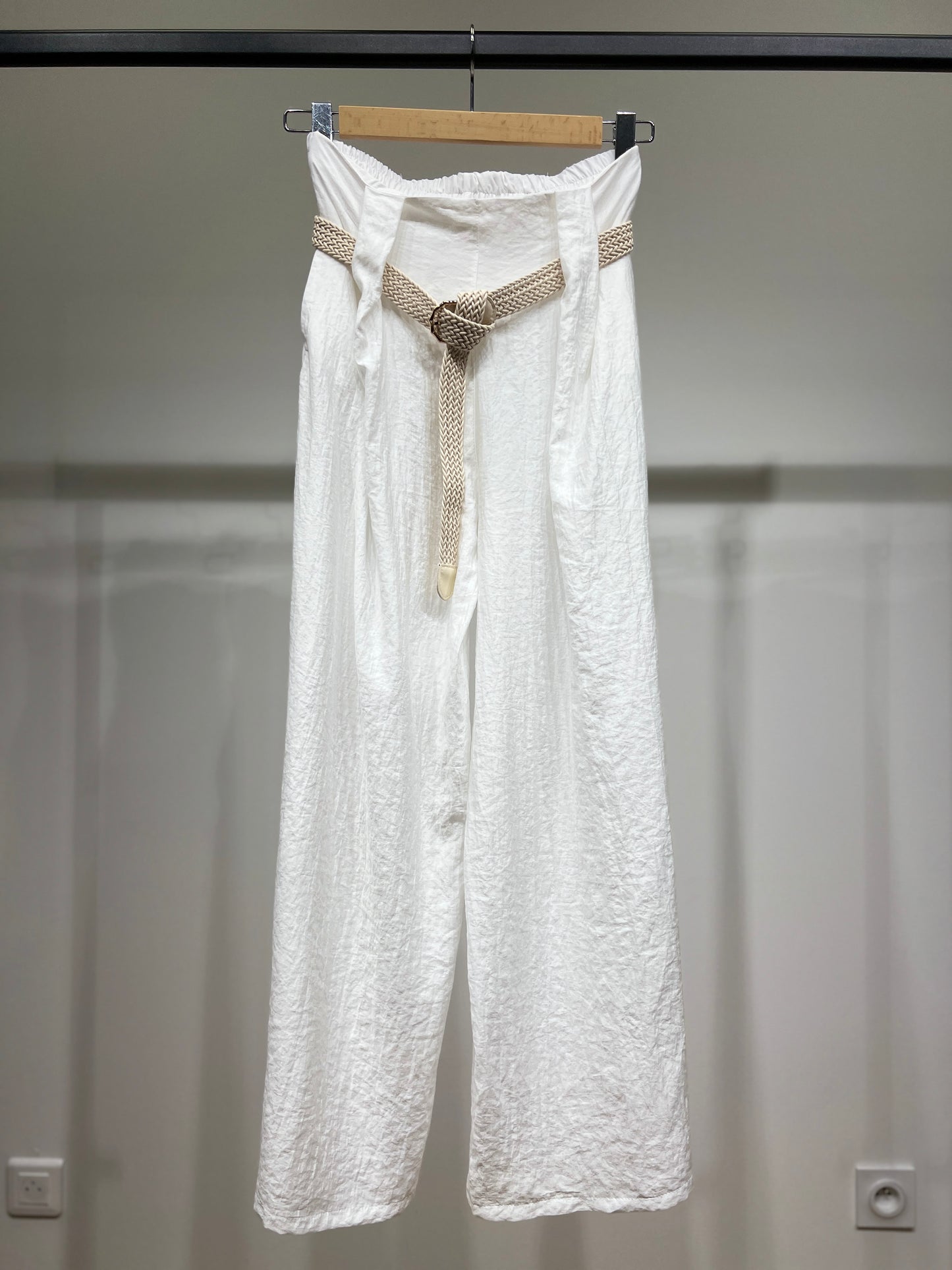 Pantalon Large Plissé à Ceinture Tressée 100% Viscose