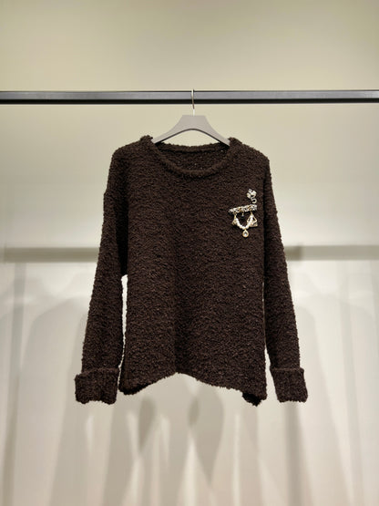 Pull Moumoute Large Manches Ourlet Pins Décoratifs