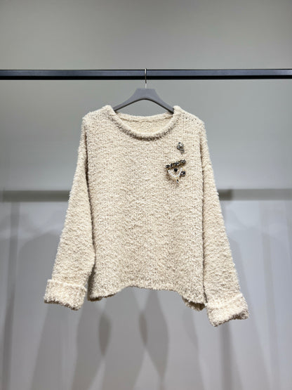 Pull Moumoute Large Manches Ourlet Pins Décoratifs