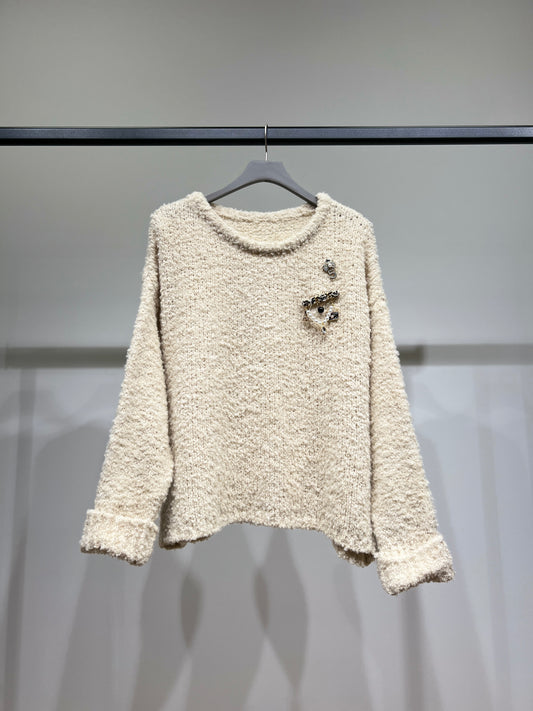 Pull Moumoute Large Manches Ourlet Pins Décoratifs